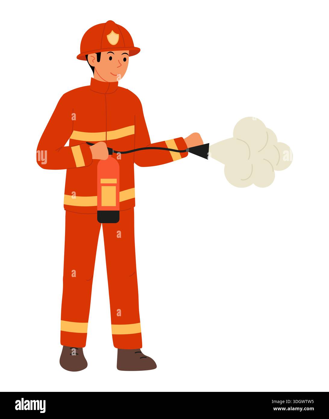 Bedienung des Pulverfeuerlöschers. Ein professioneller Feuerwehrmann in rotem Schutzanzug hält den Feuerlöscher in der Hand Stock Vektor