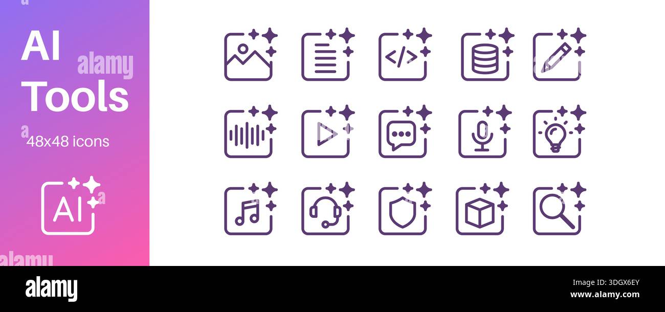 Satz von KI-Tools-Symbolen zum Generieren von Bildern, Videos, Code, Musik, Text, und Daten, KI für Forschung, Cybersicherheit und autonome KI-Agenten. Stock Vektor