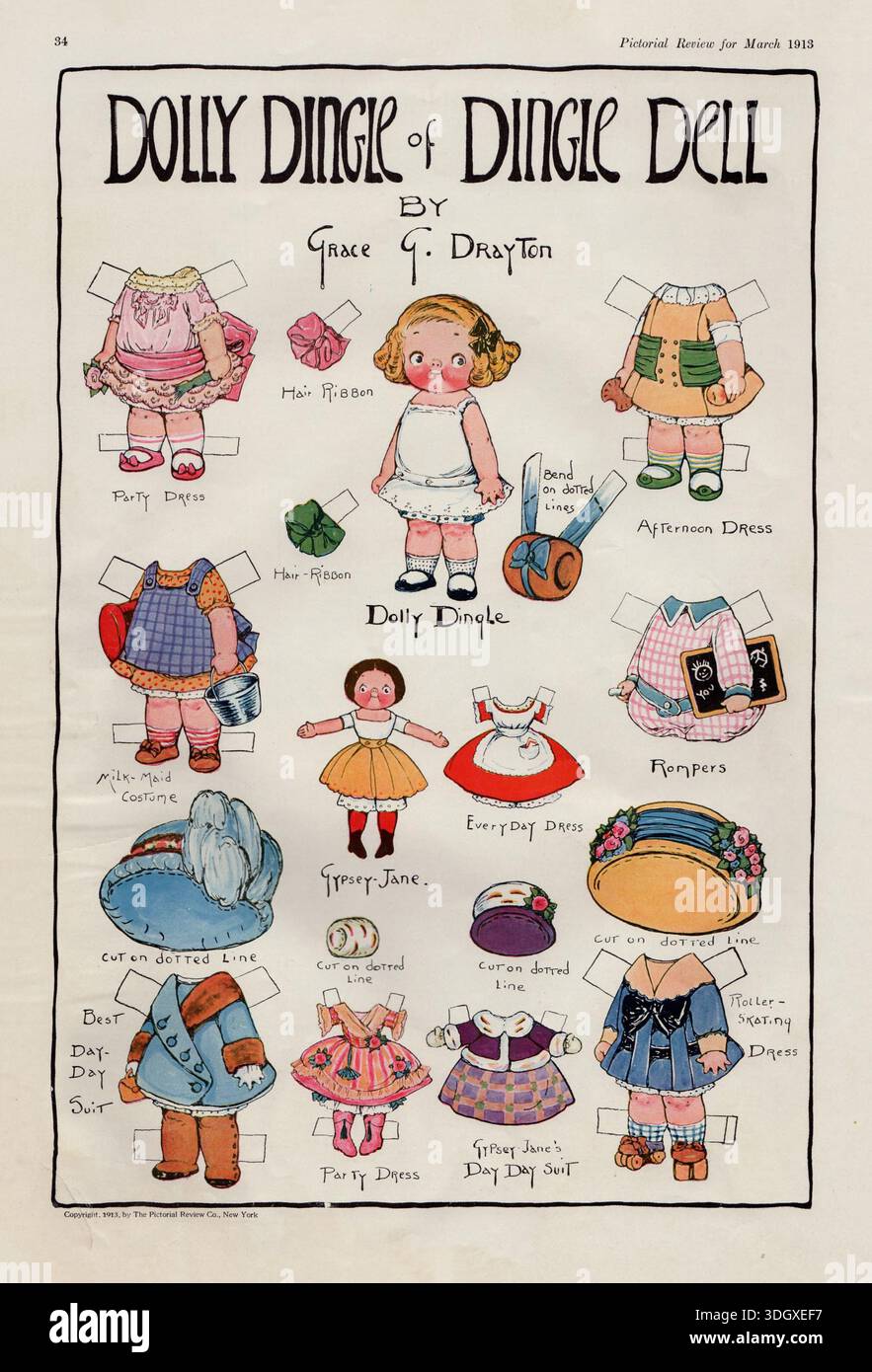 Die Puppenseite aus Vintage-Papier zeigt Dolly Dingle mit verschiedenen Moden. Von der Illustratorin Grace G. Drayton 1913 Stockfoto