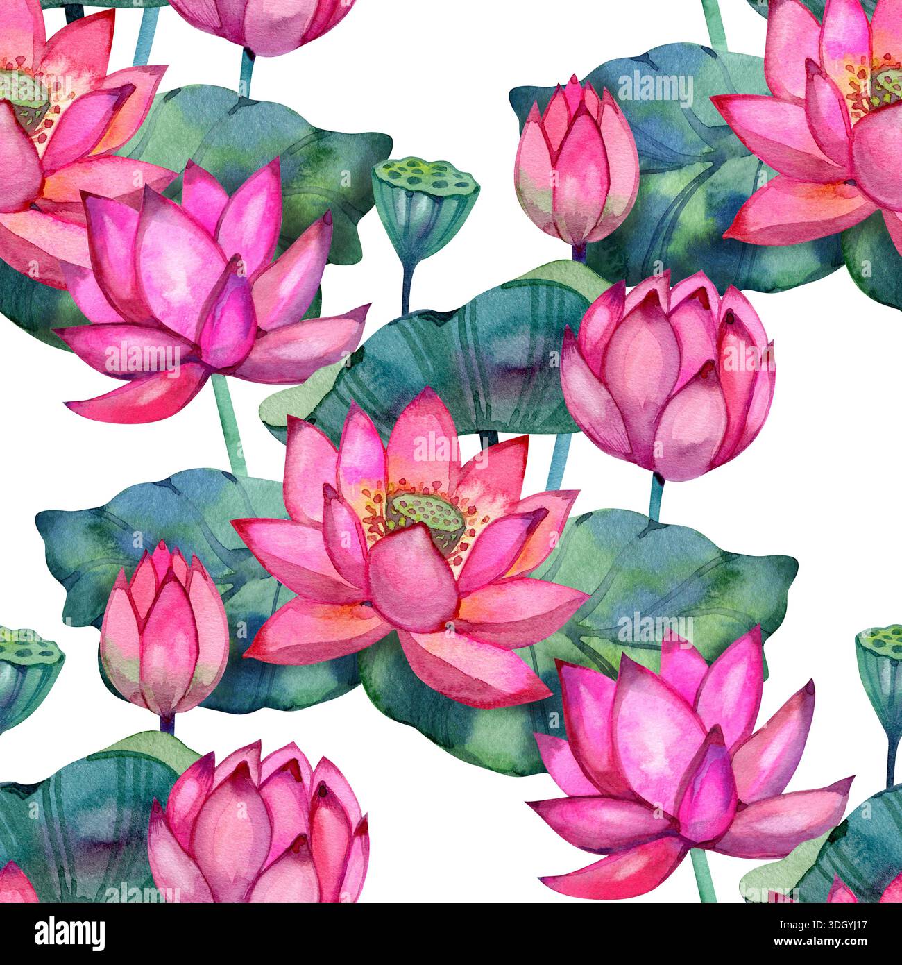 Helles Lotusmuster in Wasserfarben mit leuchtend rosa Blüten und sattgrünen Blättern. Elegantes botanisches Design, perfekt für Textilien, Verpackungen und Schreibwaren Stockfoto