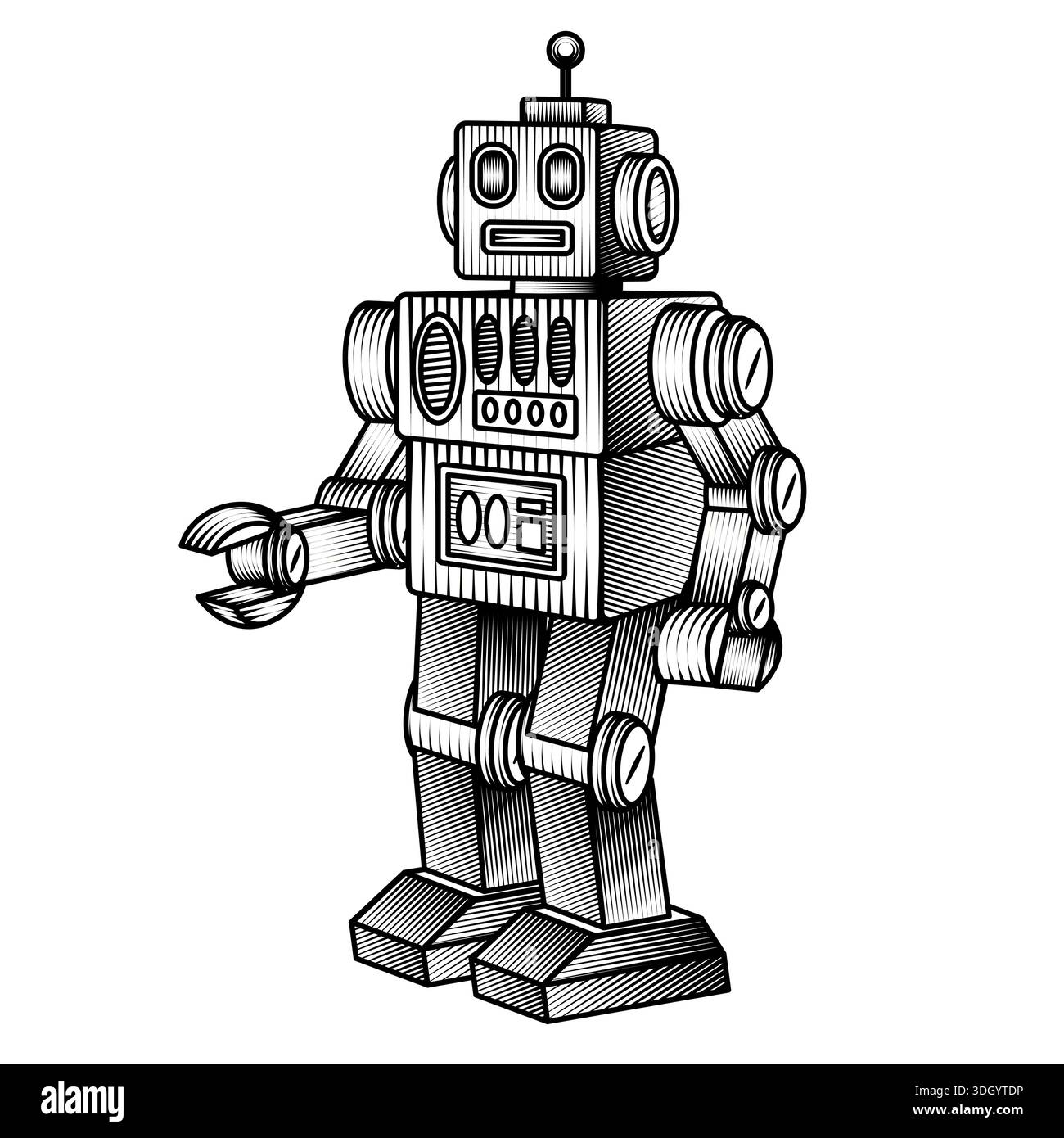 Vintage Spielzeug Roboter Illustration im Retro Holzschnitt Stil schwarz-weiß Vektor mechanische android Zeichen Skizze gravierte Zeichnung Stock Vektor