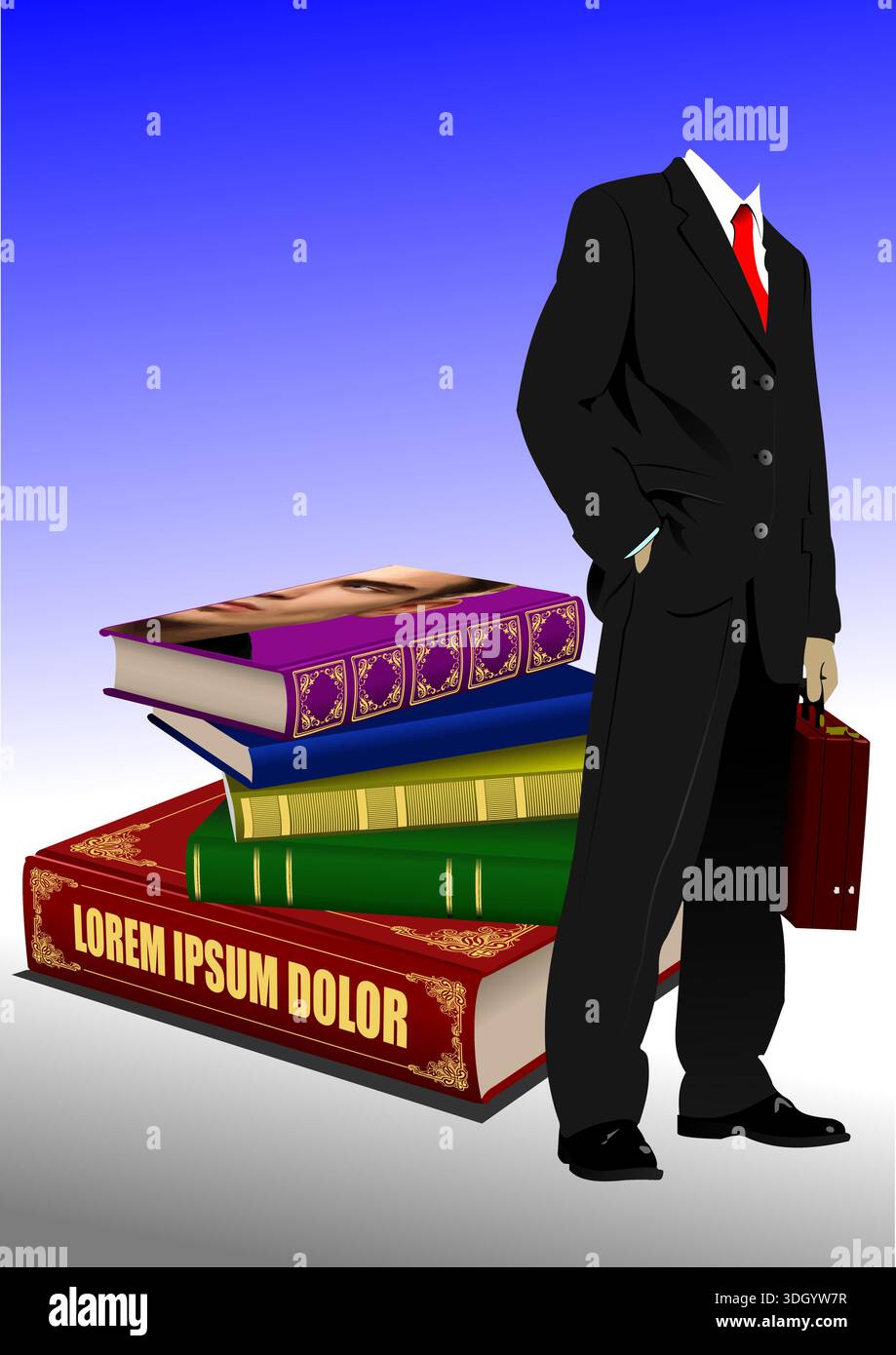 Geschäftsmann mit Hand in der Tasche, der neben einem großen Stapel Bücher steht und eine Aktentasche hält Stock Vektor