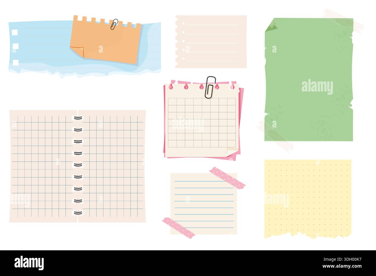 Notizblätter, Notizen, zerrissene Etiketten und klebte Seiten. Klebrige Planer-Elemente, Checklisten und Listenpapier für Scrapbooking oder Schule. Vorlagensatz. Weiß- und Bastelpapier. Vektorabbildung Stock Vektor