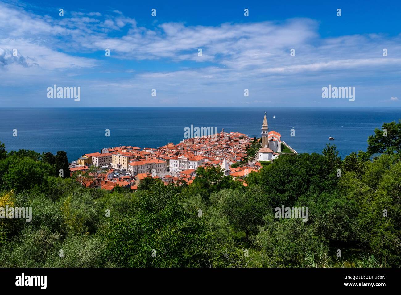 Blick über üppige grüne Bäume in Richtung des historischen Stadtzentrums und der St. George's Pfarrkirche am Meer. Stockfoto