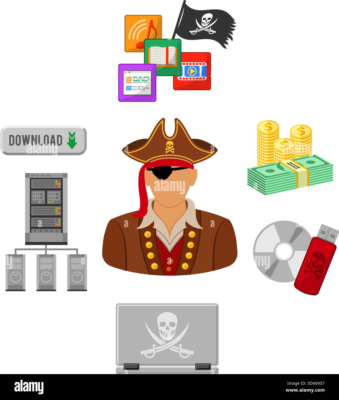 Piraterie-Vektor-Konzept mit flachen Symbolen für Flyer, Poster, Website, Druckwerbung wie Pirate, Download, Server, Laptop und Geld. Stock Vektor
