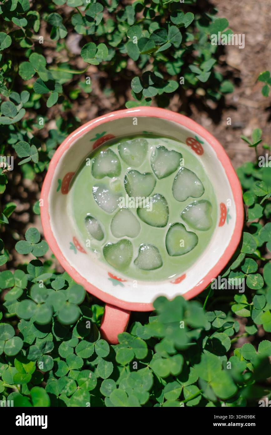 Eismatcha Latte mit herzförmigen Eiswürfeln Stockfoto