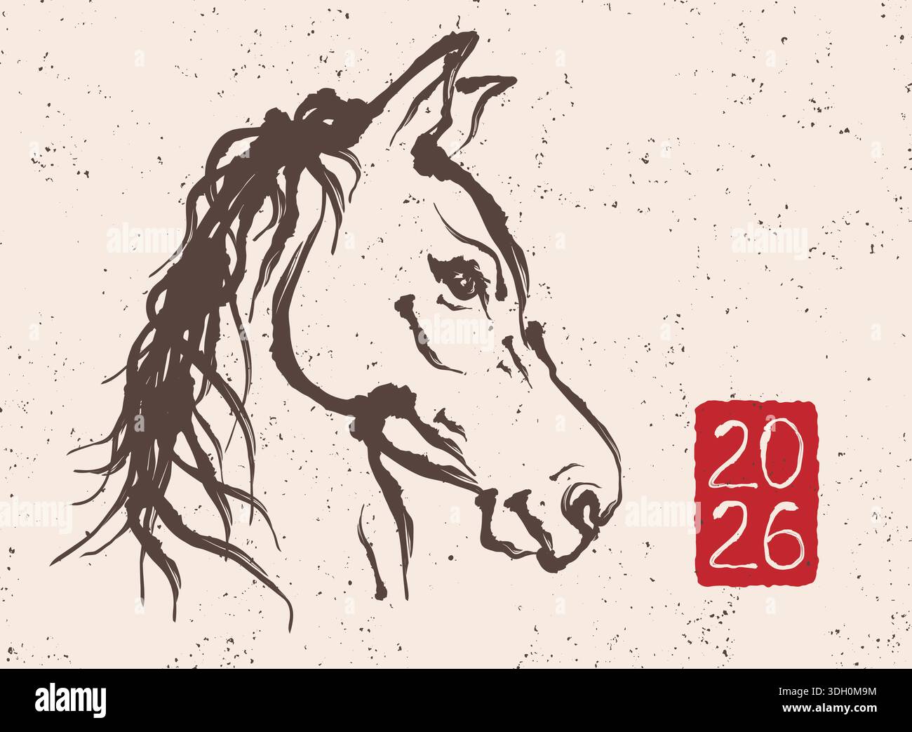 Vektor-Vintage-Illustration des Pferdekopfes im asiatischen Sumi-e-Stil für das chinesische Neujahr 2026. Vektor-Pferdekopf-ähnliches Symbol 2026 Jahre im Mondkalender. Stock Vektor