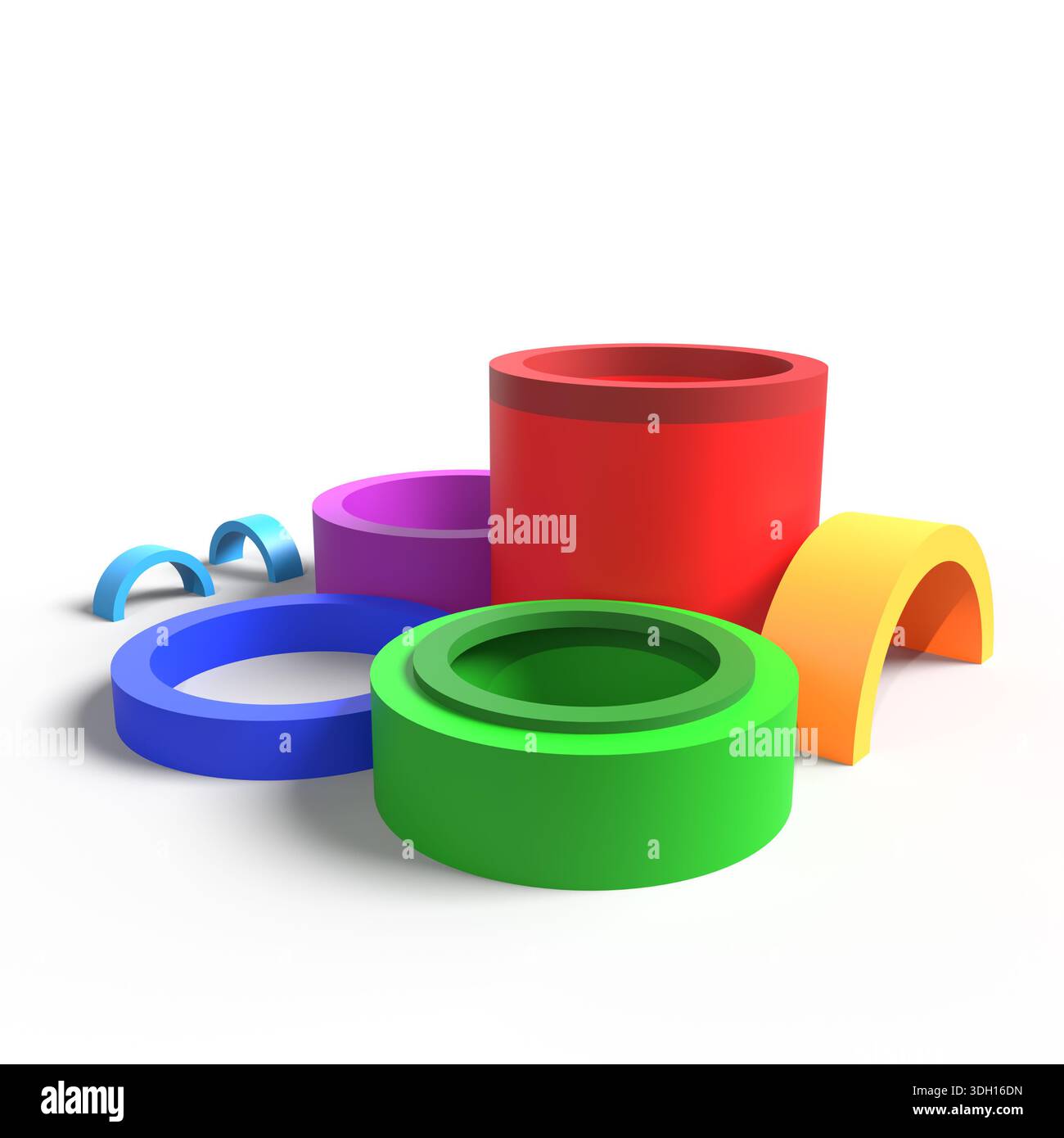 3D-farbige, geometrische Formen auf weißem Hintergrund. 3D-geometrische Formenillustration. Stockfoto