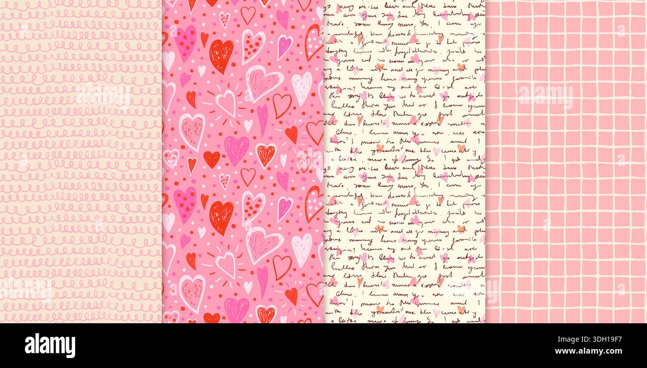 Handgemalte romantische Valentinstag Vektor nahtlose Muster mit Herzen, handgeschriebenem Text, Schleifen und Gitter für Hintergründe und Banner Stock Vektor