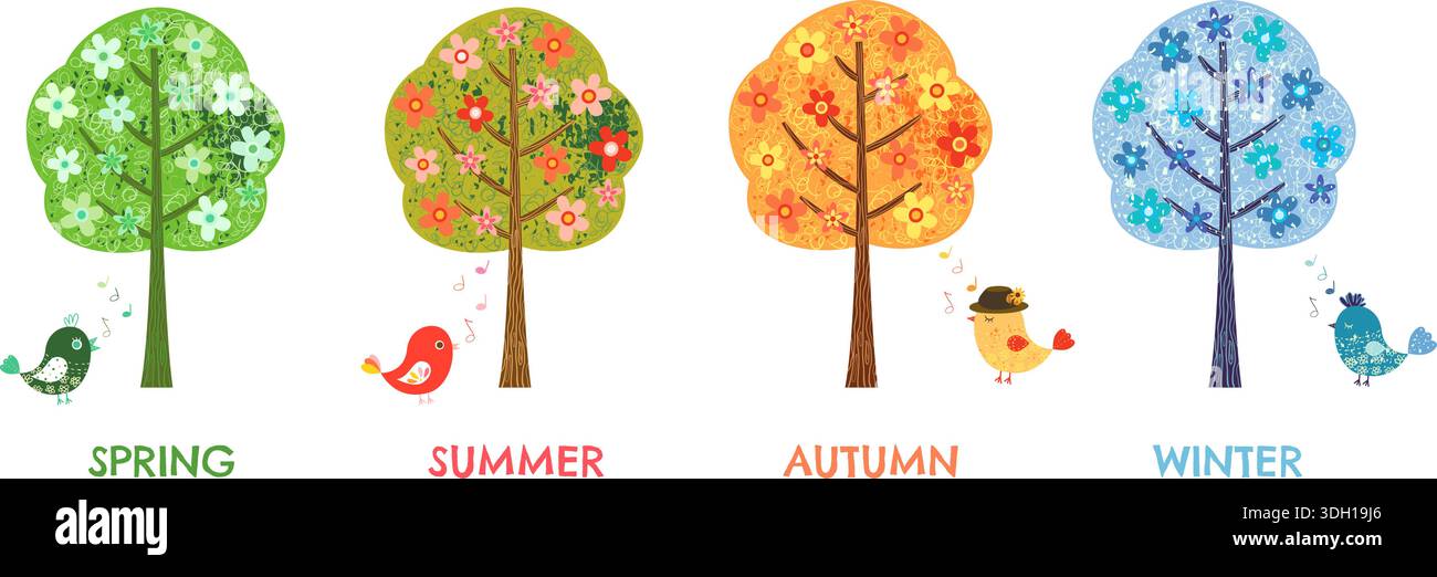 Cartoon-Vektorbäume mit Blumen und Vögeln in vier verschiedenen Jahreszeiten, Frühling, Sommer, Herbst und Winter Stock Vektor