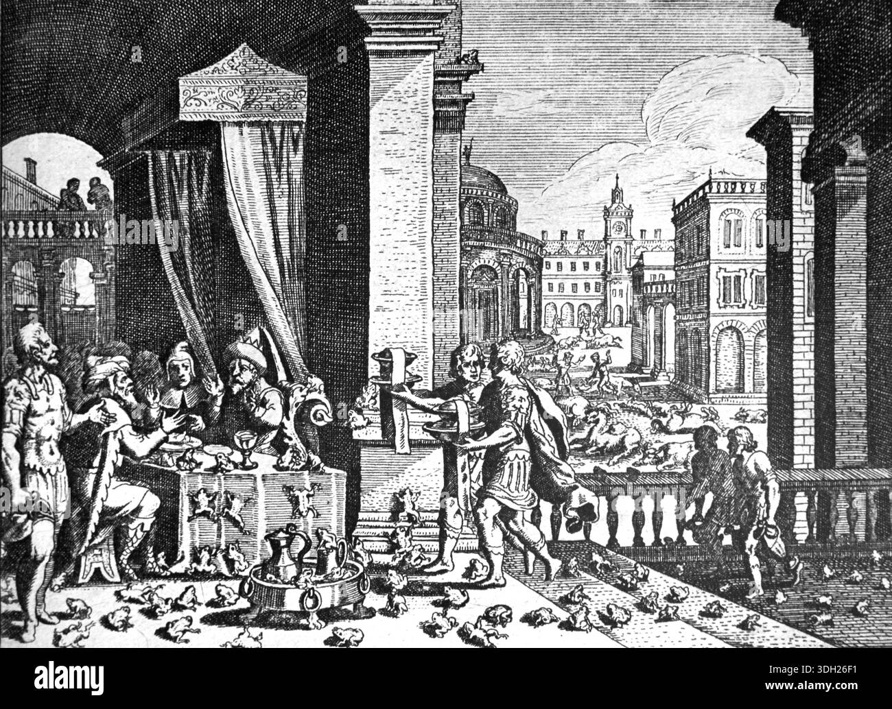 Zehn Plagen Ägyptens, darunter die Invasion der Frösche, die der Herr Ägypten auferlegte, um den Pharao zu überzeugen, die versklavten Israeliten oder Hebräer freizulassen. Buch des Exodus 8. Vintage oder historische Holzgravur oder Illustration aus der französischen Bibel 1683. Stockfoto
