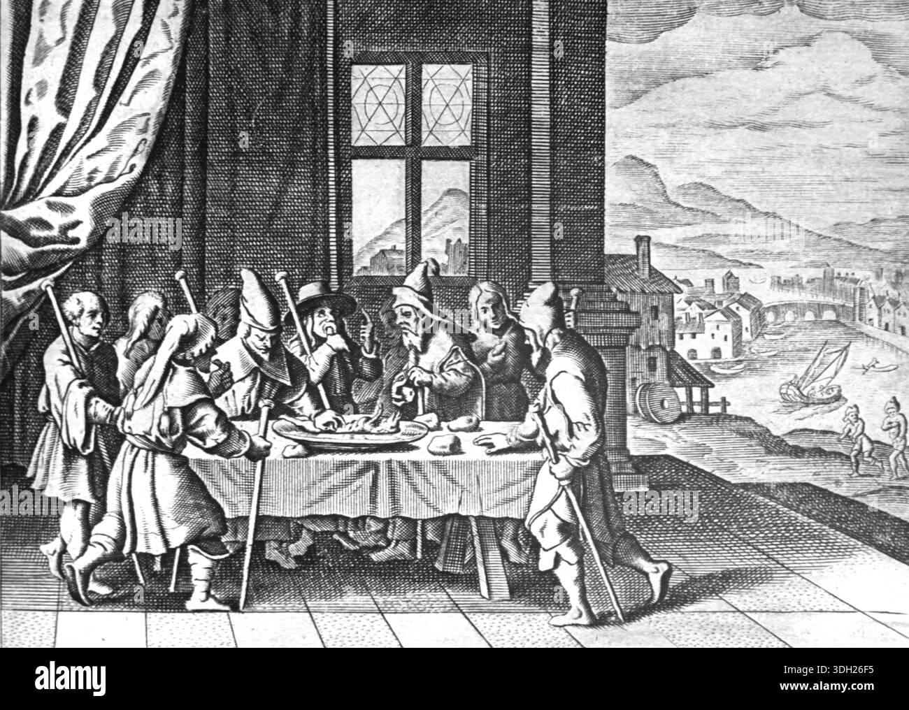 Jüdisches Ostermahl oder jüdisches Pascha-Essen, auch bekannt als Pasch oder Pesach, oder Gott befahl Juden, Pascha-Lamm zu essen. Buch des Exodus 12. Vintage oder historische Holzgravur oder Illustration aus der französischen Bibel 1683. Stockfoto