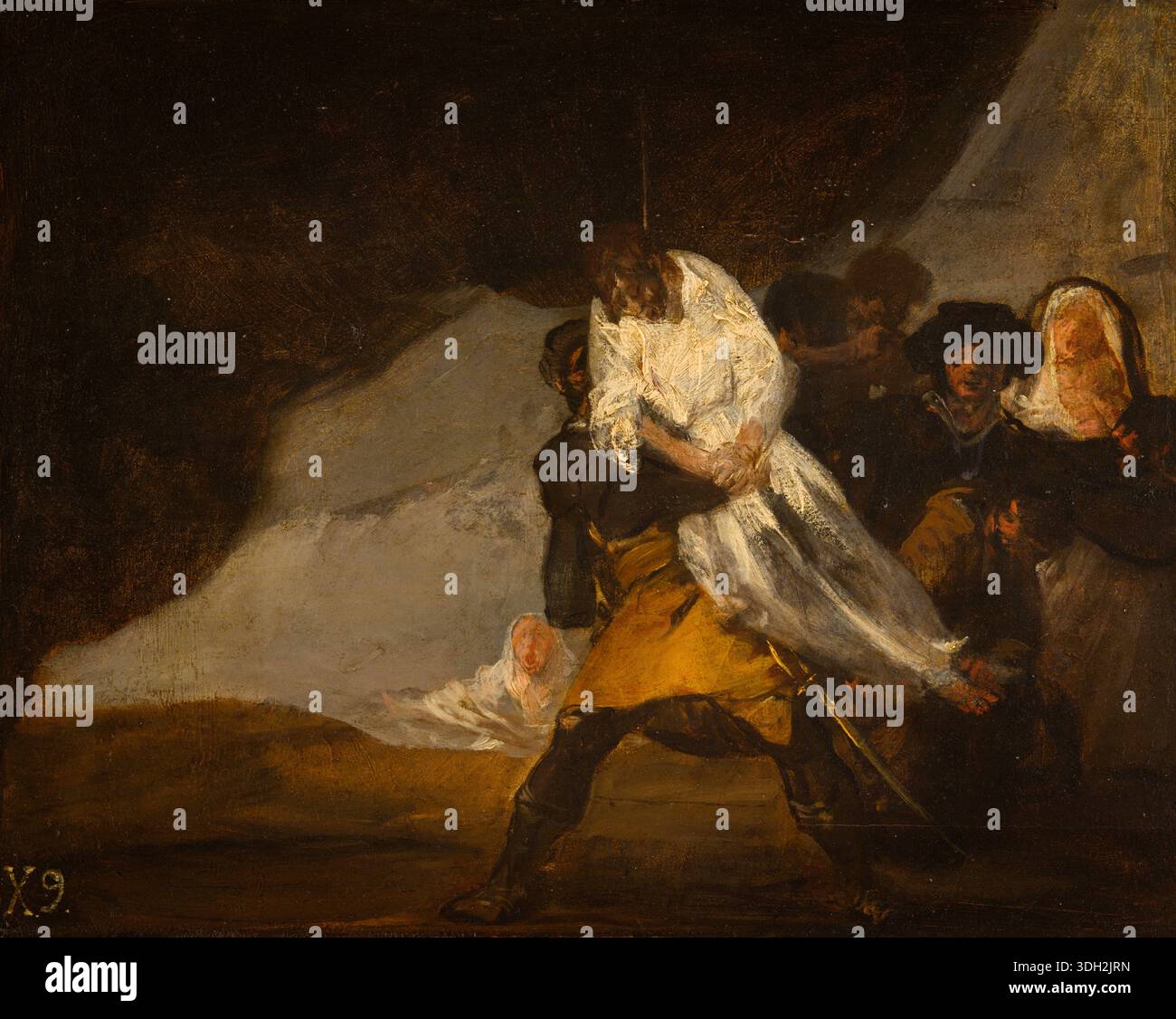 Der gehängte Mönch von Francisco José de Goya y Lucientes, um 1810, zeigt eine hängende Figur in weißen Gewändern, umgeben von Zuschauern in einem schwach beleuchteten Innenraum Stockfoto