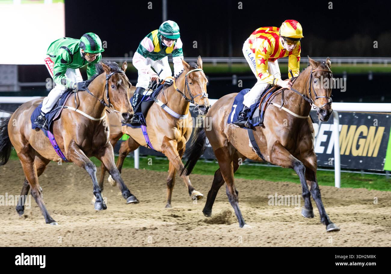 Wolverhampton, Großbritannien, Montag, den 19. Januar 2026; Al Baahy und Jockey Billy Loughnane gewinnen die Midnite, erhöhen die Wettspiele für Trainer Kevin Frost und Eigentümer Curzon House Partnership. Credit JTW equine Images / Alamy Live News. Stockfoto