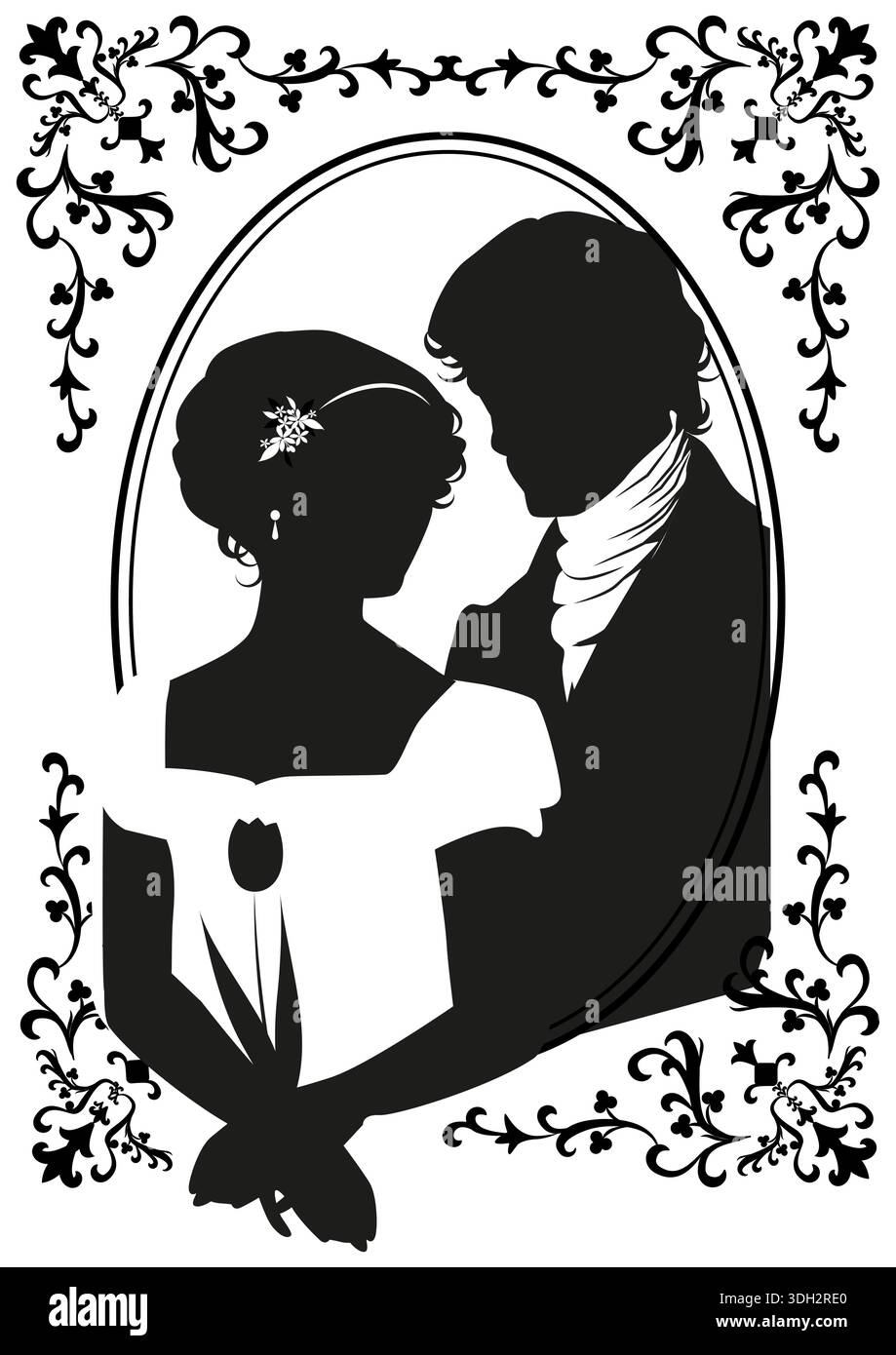 Viktorianisches romantisches Paar Silhouette im kunstvollen ovalen Rahmen isoliert auf weißem Hintergrund. Klassische Figuren stehen zusammen für historische Themen, Liter Stock Vektor