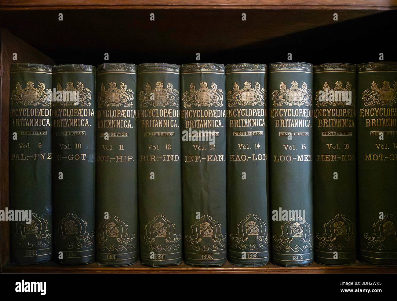 Vintage Encyclopaedia Britannica 1898 Bände in einem Bücherregal Stockfoto