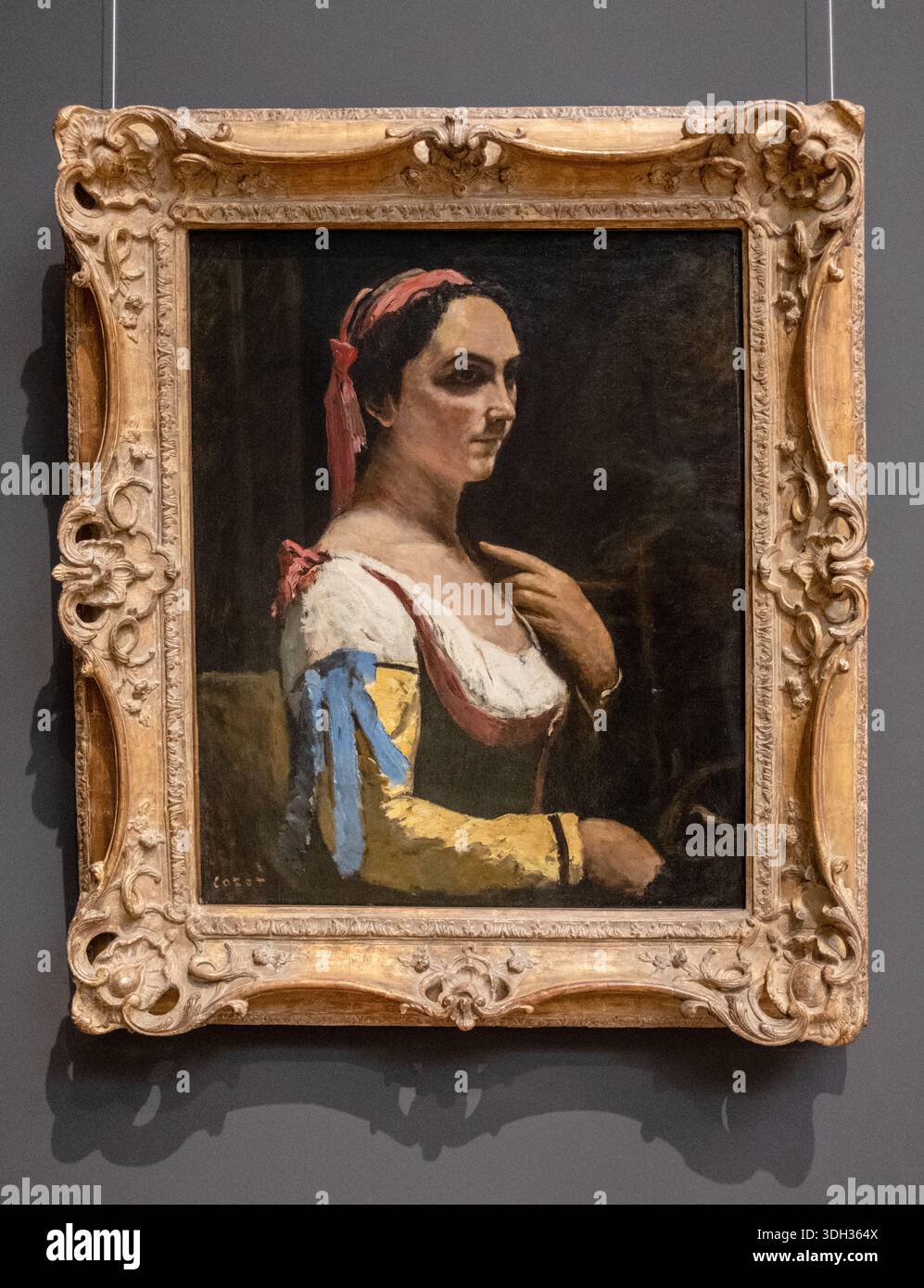 Italienische Frau von Jean Baptiste Camille Corot - ein originelles Kunstölgemälde auf Leinwand im kunstvollen Rahmen Stockfoto