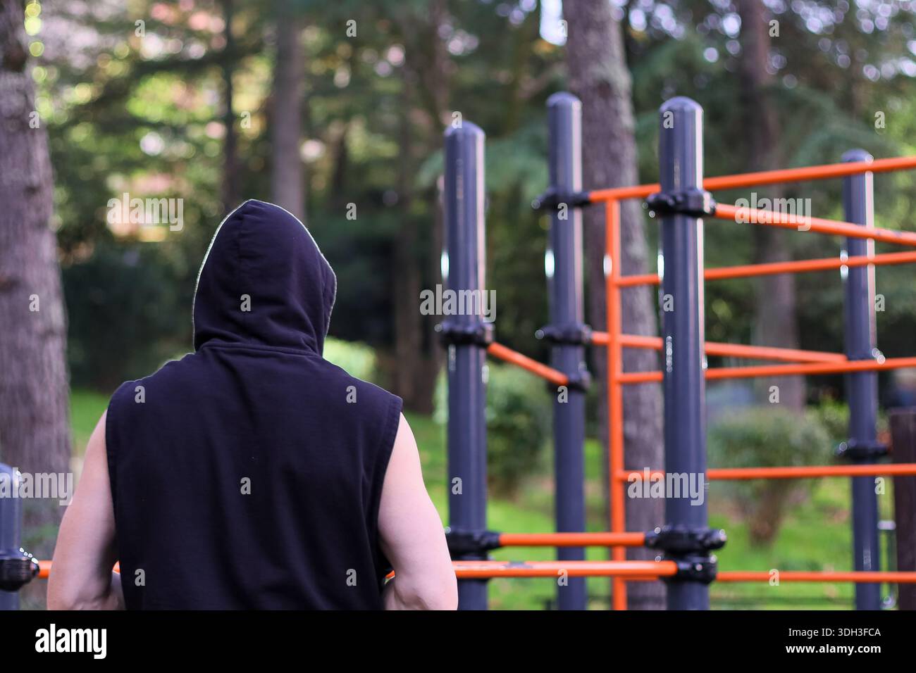 Rückansicht eines muskulösen Mannes mit Blick auf Spielplatzbars in einem grünen Park mit Bäumen Stockfoto
