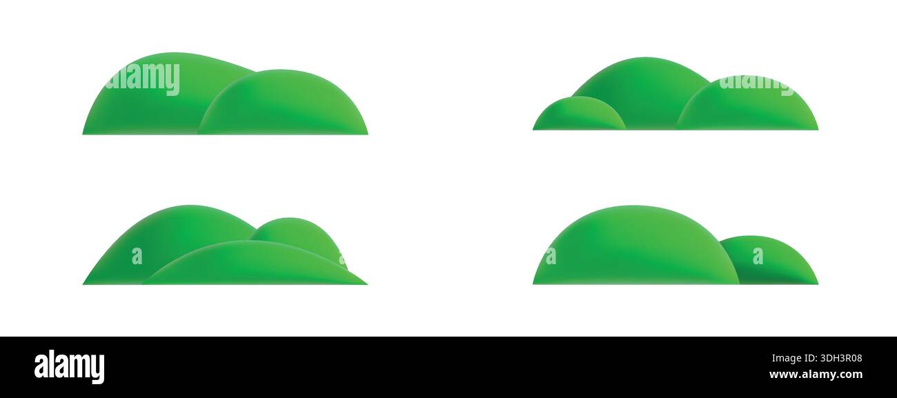 Cartoon 3D grüne Grashügel. Satz niedlicher gerenderter Symbole im Querformat isoliert auf weißem Hintergrund Stock Vektor