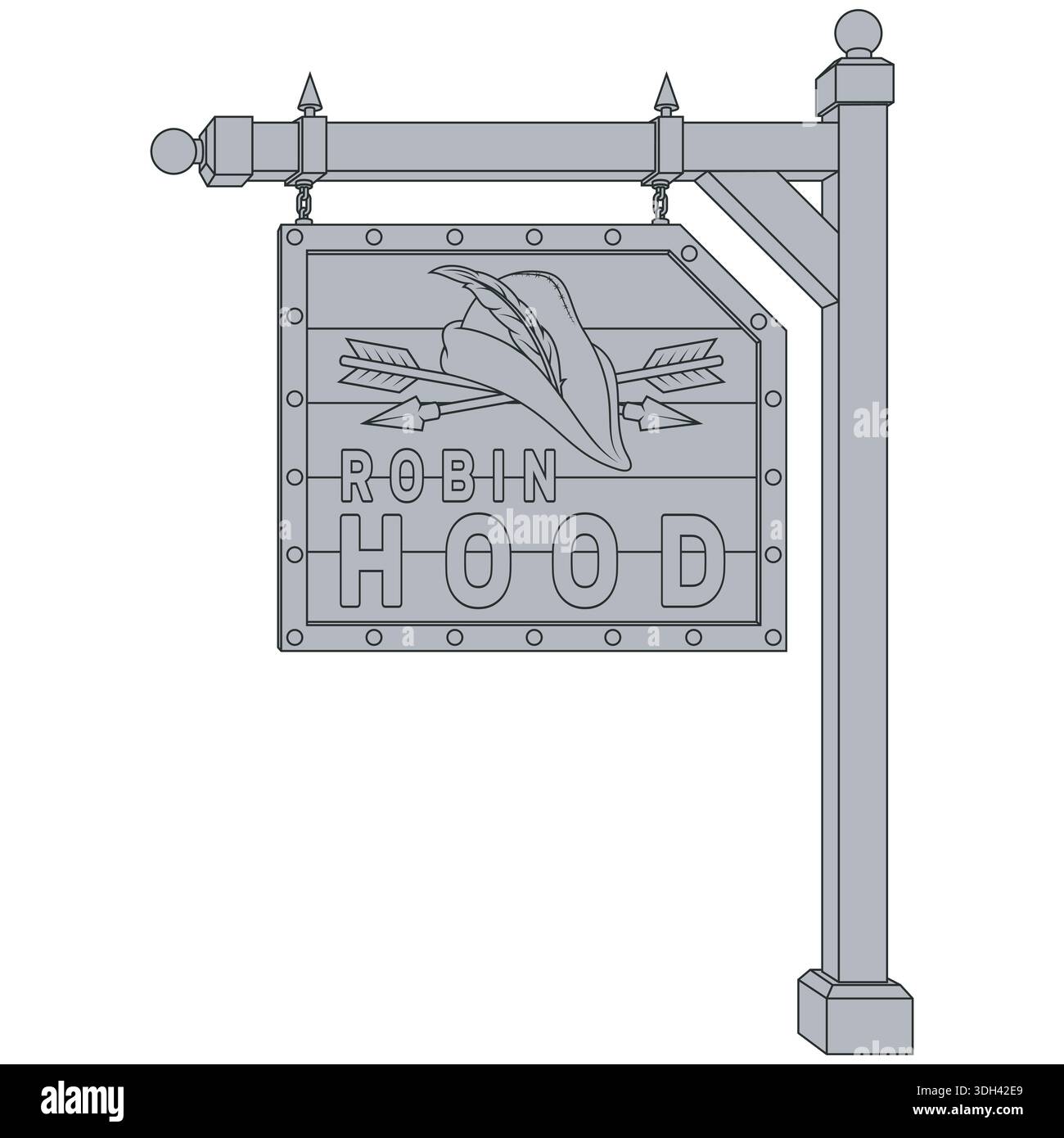 Hängendes Schild aus Holz und Metall, aufgehängt an Ketten, mit Pfeilen und einem Bogenhut. Ideales Konzept für Bogenschießen, Thementavernen, Stock Vektor