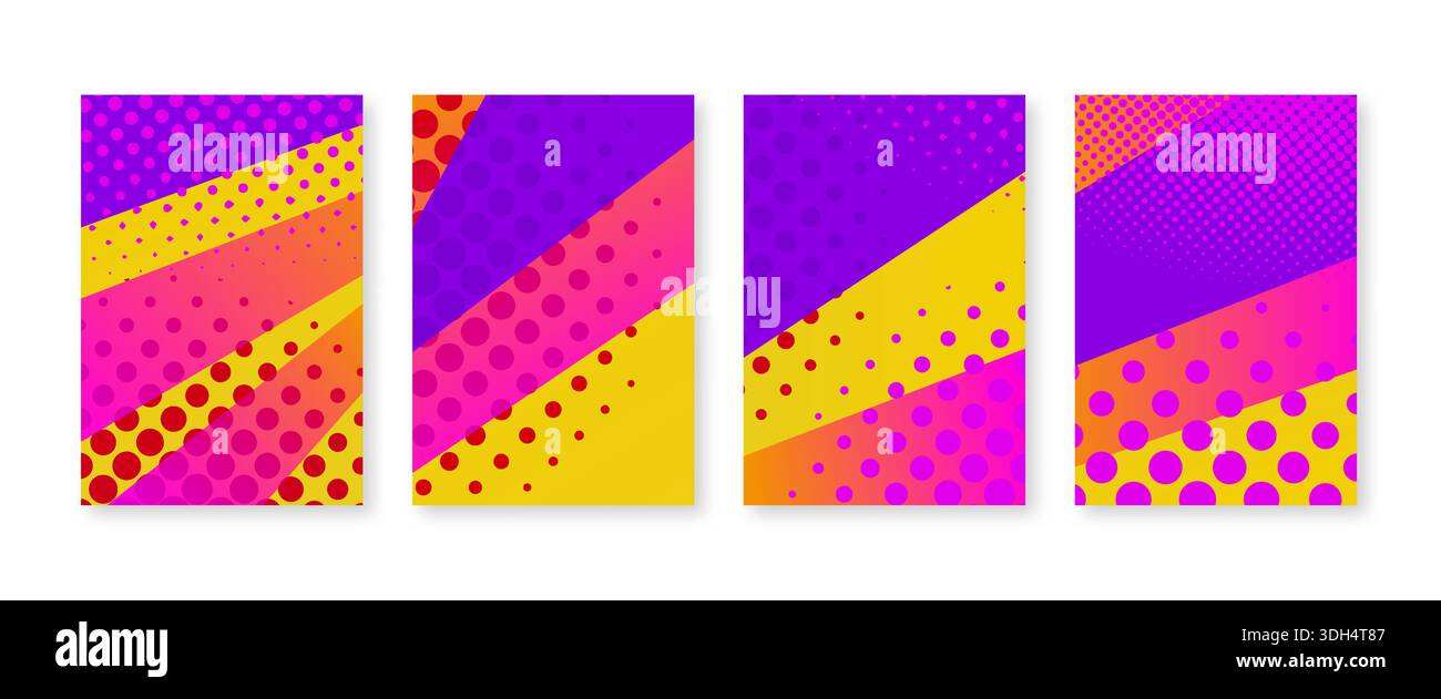 Abdeckungssatz in hellen Farben. Rasterpunkte im Kunstdesign Stock Vektor
