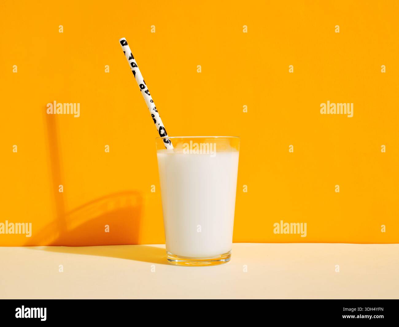 Ein Glas frischer Milch mit einem schwarz-weiß gepunkteten Papierstroh auf einem leuchtend gelben Hintergrund Stockfoto