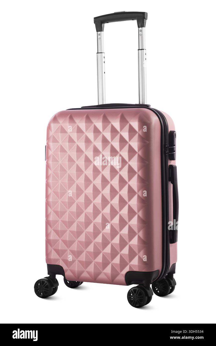 Moderner rosafarbener Reisekoffer mit strukturiertem Design, isoliert auf weißem Hintergrund Stockfoto