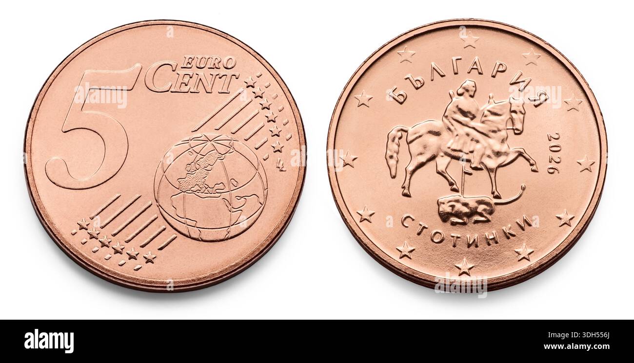 5-Euro-Cent-Münze, Makro isoliert auf weiß Stockfoto