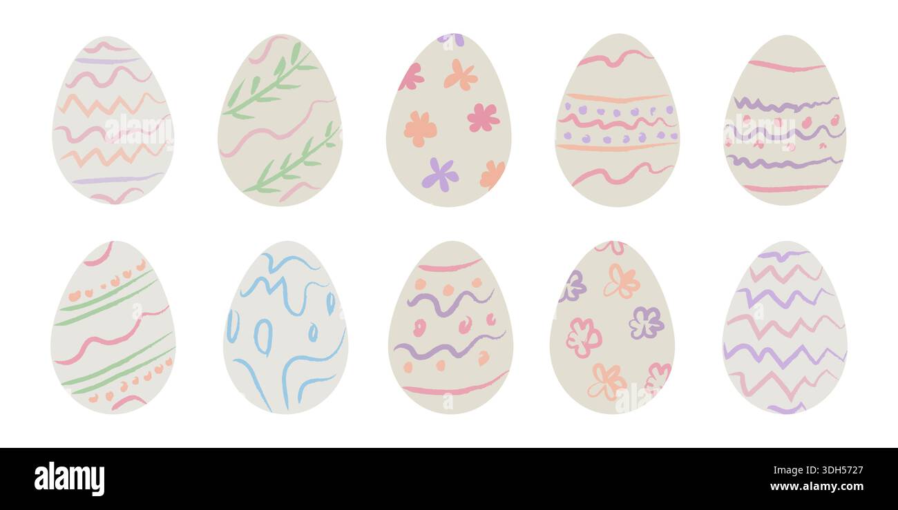 Ostereier-Clipart-Set in Pastellfarben mit handgezeichneten, unperfekten Sketch-Kritzeleien in weichen Frühlingsfarben. Wundervolle, trendige Ostereier-Kollektion im Coquette-Stil Stock Vektor