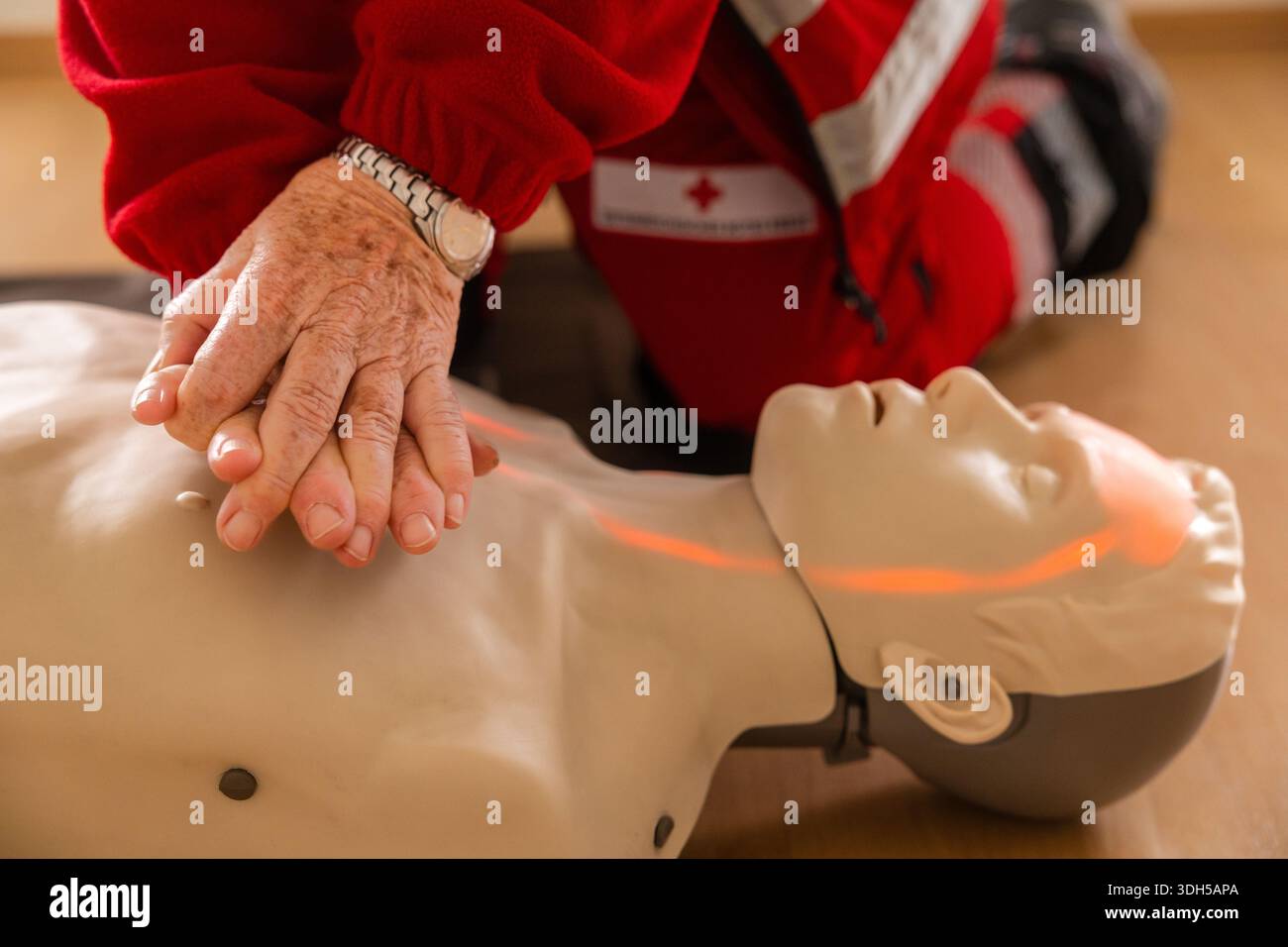 Eine Person, die die HLW an einer Schulpuppe übt und in einer erste-Hilfe-Werkstatt praktische Techniken betont. Ideal für erste-Hilfe-Trainingsprogramme und HE Stockfoto