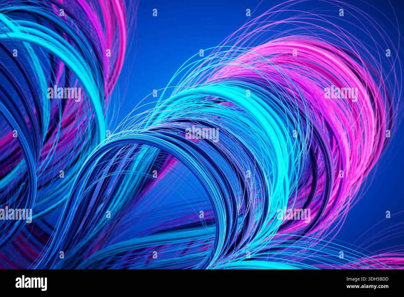 Eine lebendige 3D-Illustration mit ineinander verflochtenen haarähnlichen Wellen in hellen Blau-, Lila- und Rosa-Tönen vor tiefblauem Hintergrund. Die farbenfrohe Stra Stockfoto