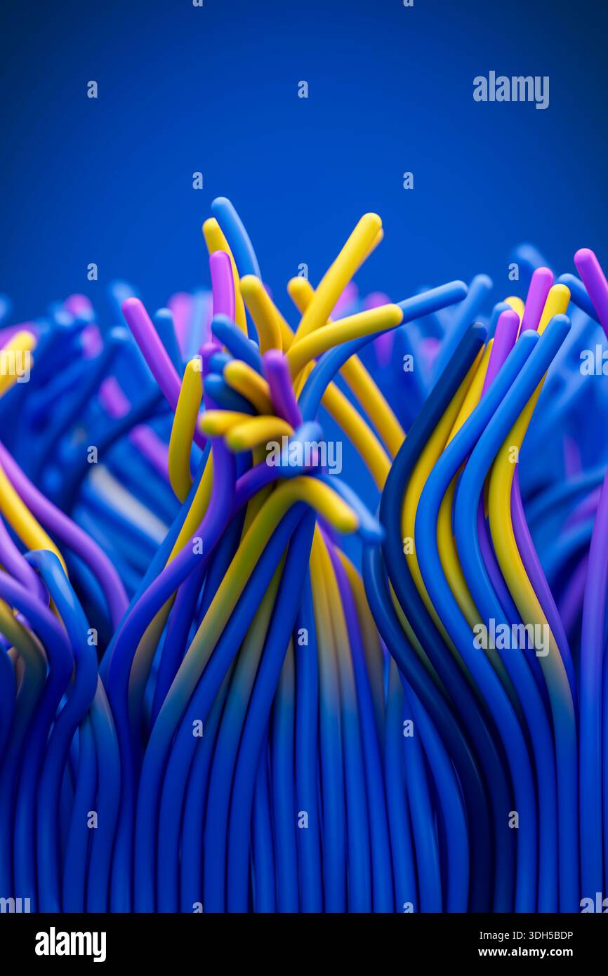Eine fesselnde abstrakte Komposition mit einer Reihe von ineinander verflochtenen bunten Drähten mit leuchtenden blauen, gelben und lila Strängen. Die dynamischen Kurven Stockfoto