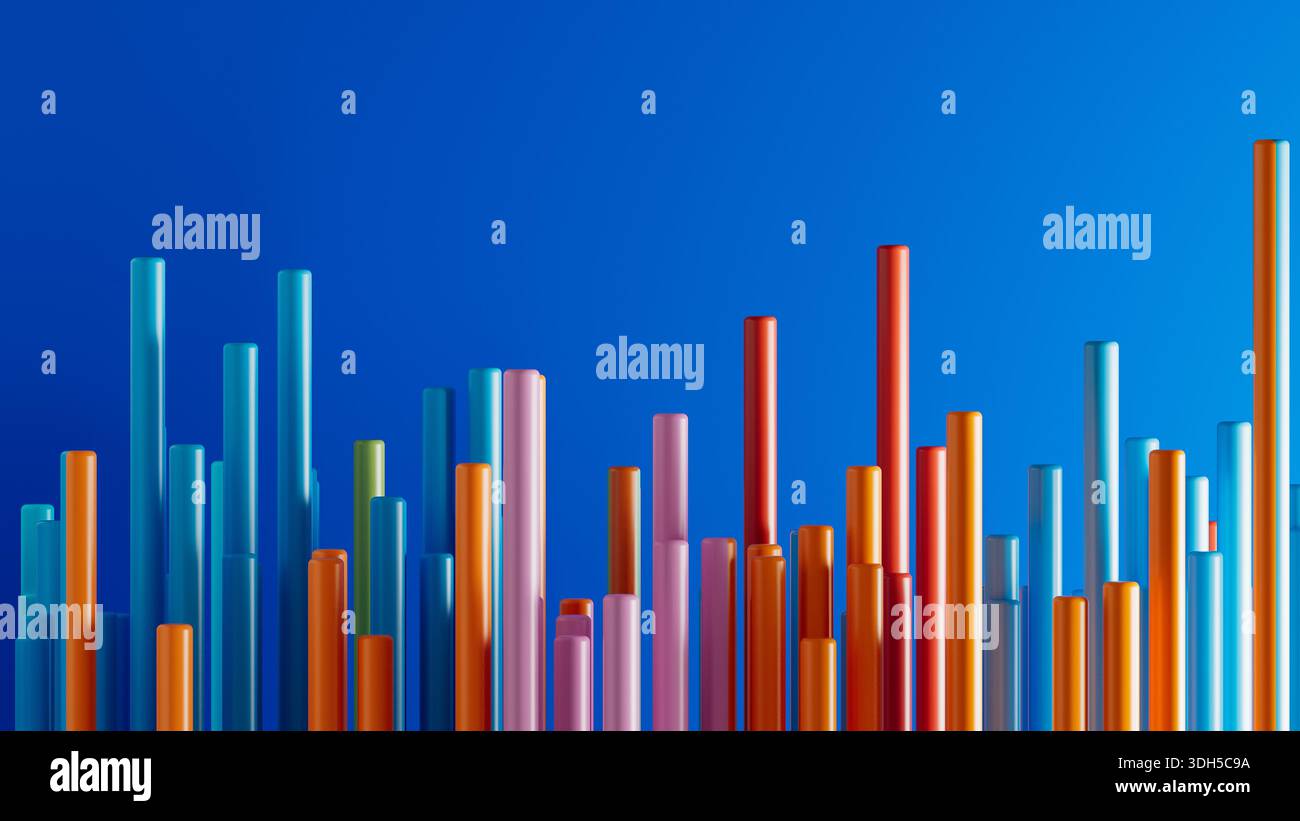 Farbenfrohe Balken im 3D-Format zeigen verschiedene Statistiken auf einem leuchtend blauen Hintergrund an und stellen Datenanalysen und Trends visuell dar. Stockfoto