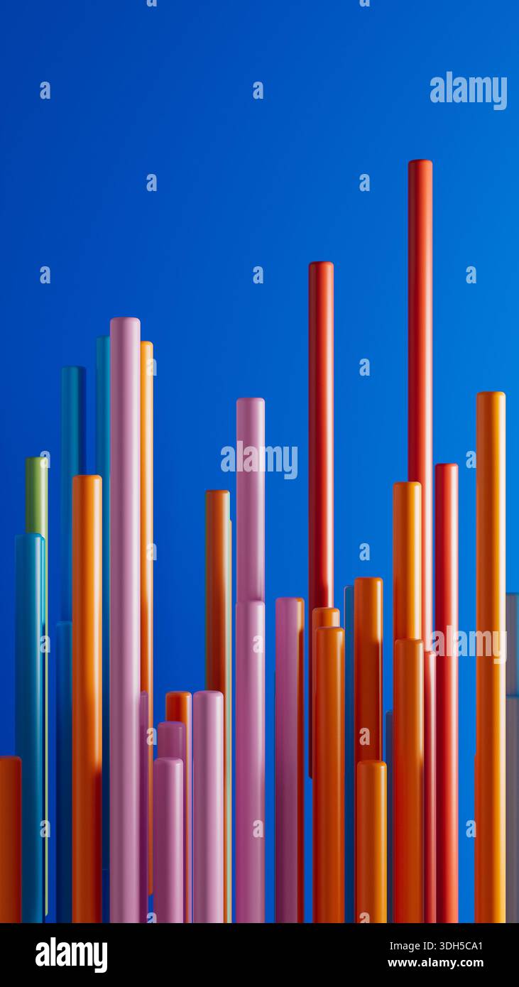 Farbenfrohe Balken im 3D-Format zeigen verschiedene Statistiken auf einem leuchtend blauen Hintergrund an und stellen Datenanalysen und Trends visuell dar. Stockfoto
