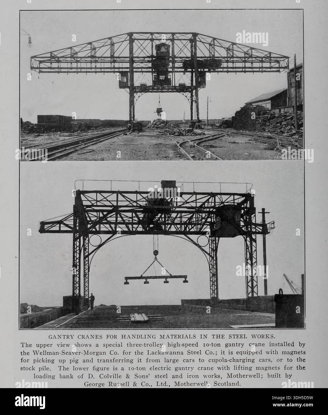 PORTALKRANE FÜR DEN MATERIALUMSCHLAG IM STAHLWERK. Die obere Ansicht zeigt einen speziellen Dreiwagen-Hochgeschwindigkeits-Lo-Ton-Portalkran, der von der Wellman-Seaver-Morgan Co. Für die Lackawanna Steel Co. Installiert wurde; er ist mit Magneten ausgestattet, um Schweine aufzunehmen und von großen Autos auf Kuppelladewagen oder auf den Lagerhaufen zu transportieren. Die untere Figur ist ein elektrischer Portalkran mit Hubmagneten für die Verladebank der Stahl- und Eisenfabrik von D. Colville & Sons, Motherwell; gebaut von George Russell & Co., Ltd., Motherwell, Schottland. Aus dem Artikel MECHANISCHE HANDHABUNG BEI DER HERSTELLUNG Stockfoto