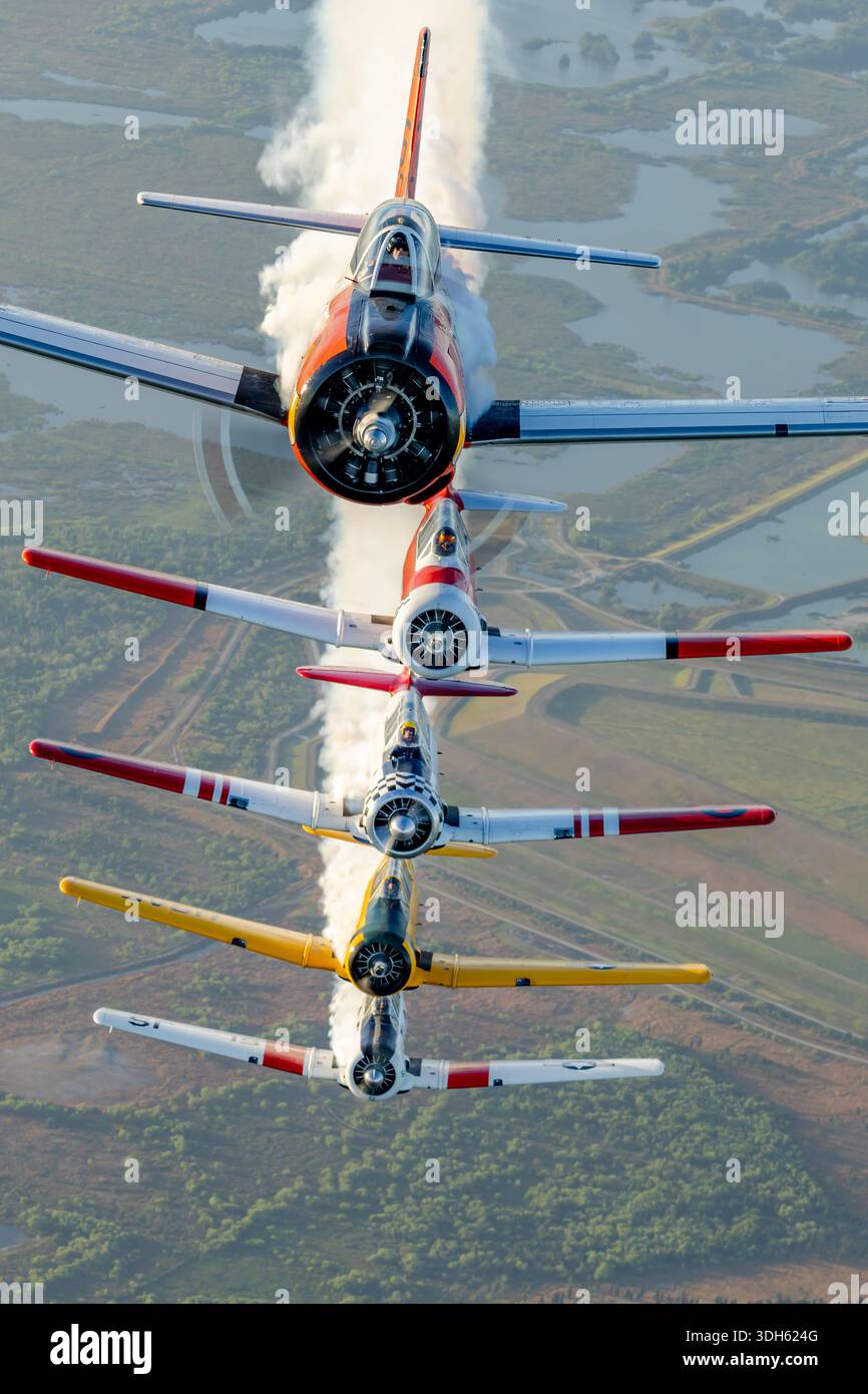 Die nordamerikanischen T-28C Trojan N745W, T-6G Texan N5451E, AT-6D Texan N7572, SNJ-5 Texan N5199V Gotcha und AT-16 Harvard IIB N8994 sind historische zweisitzige, einmotorige Turnschuhe mit Radialkolben. Sie flogen in Formation mit Rauch auf der Sun N Fun Aerospace Expo 2025, Florida. Sie zeigten Kunstflugmanöver, Flugpräzision, Pilotenfertigkeiten, und historische Rollen in Flugtrainingsprogrammen der US Navy, der US Air Force und der South African Air Force. Stockfoto