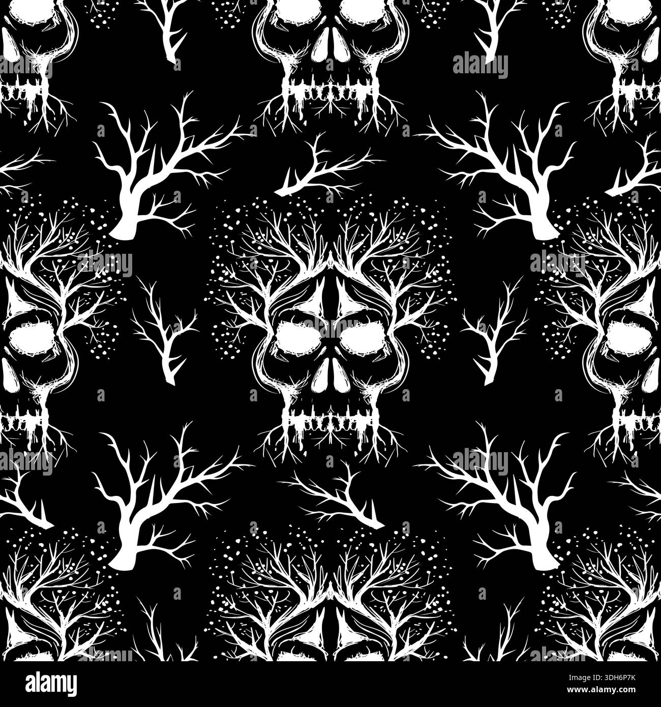 Nahtloses Muster mit Schädeln und trockenen Ästen. Vektorabbildung. Stock Vektor