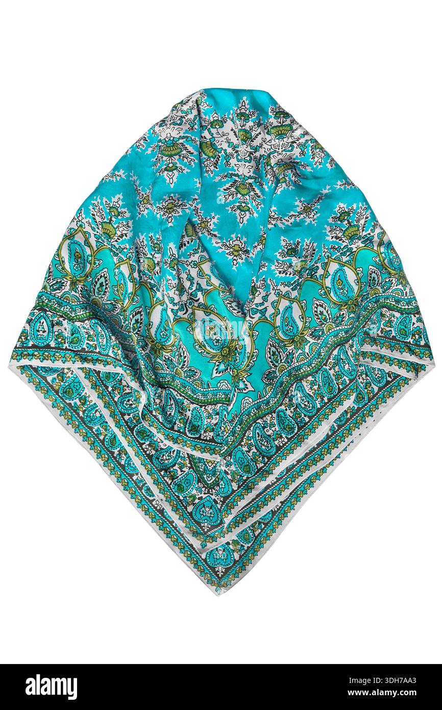 Hellblaues Vintage-Taschentuch mit Paisley-Muster isoliert über weiß Stockfoto