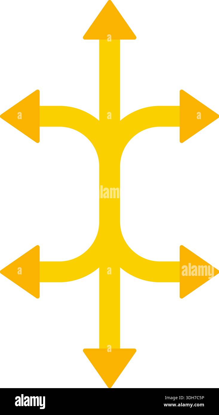 Set aus sechs Pfeilen, die in verschiedene Richtungen strahlen, um verschiedene Wege oder verteilte Bewegungen darzustellen. Stock Vektor