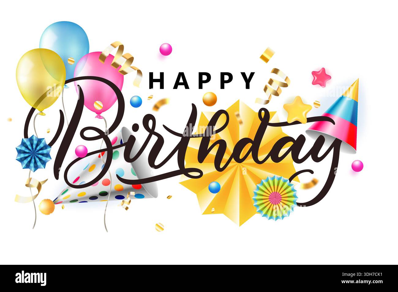 Happy Birthday-Kalligraphie-Schriftzug mit farbenfrohen 3D-Partyhüten, Papiersternen und Ballons. Isolierte Festkomposition für Banner, Poster Stock Vektor