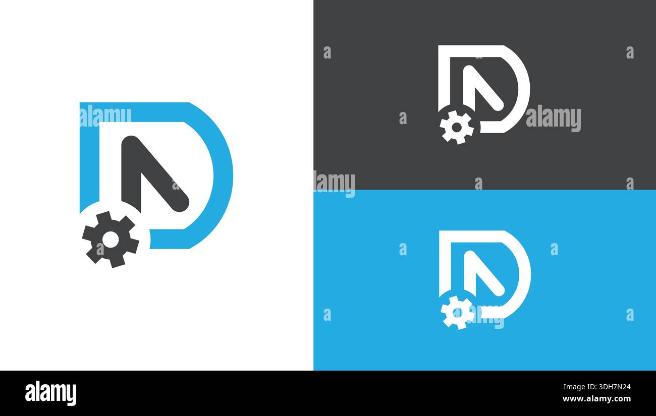 Modernes D-Letter-Logo mit Symbolen für Zahnräder und Mauszeiger, das Technologie, Innovation und digitale Lösungen symbolisiert. Stock Vektor