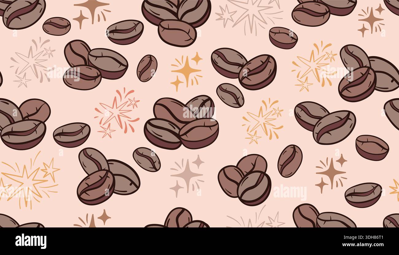 Ein nahtloses Muster mit stilisierten Kaffeebohnen und Funken im Doodle-Sketch-Stil auf einem hellrosa Hintergrund. Ideal für Textildrucke, Website-Rückseite Stock Vektor