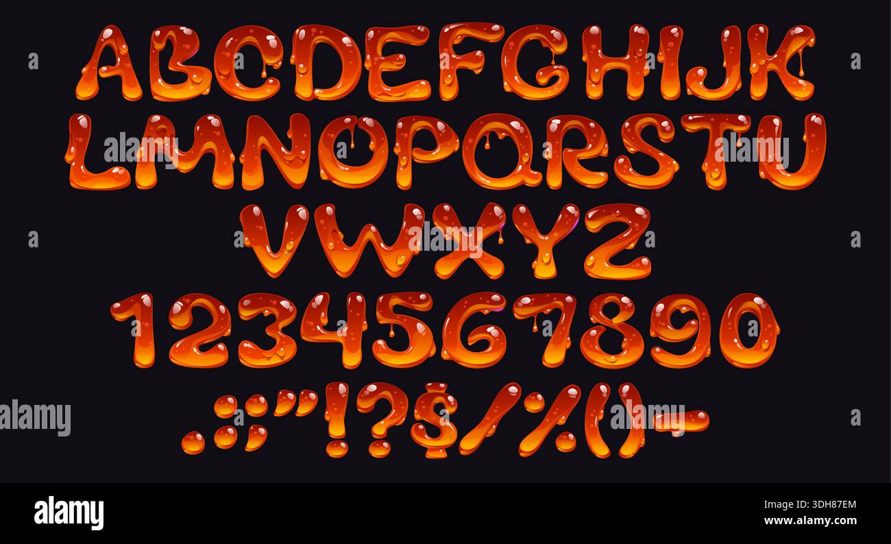 Honigbiene Schriftart, süße Bernsteinschrift, 3D gelbe Bonbons, flüssige leckere englische Buchstaben und Zahlen. Vektortypografie Honig tropfende Schrift abc Zeichen, geschmolzene süße Lebensmittel Art Stock Vektor