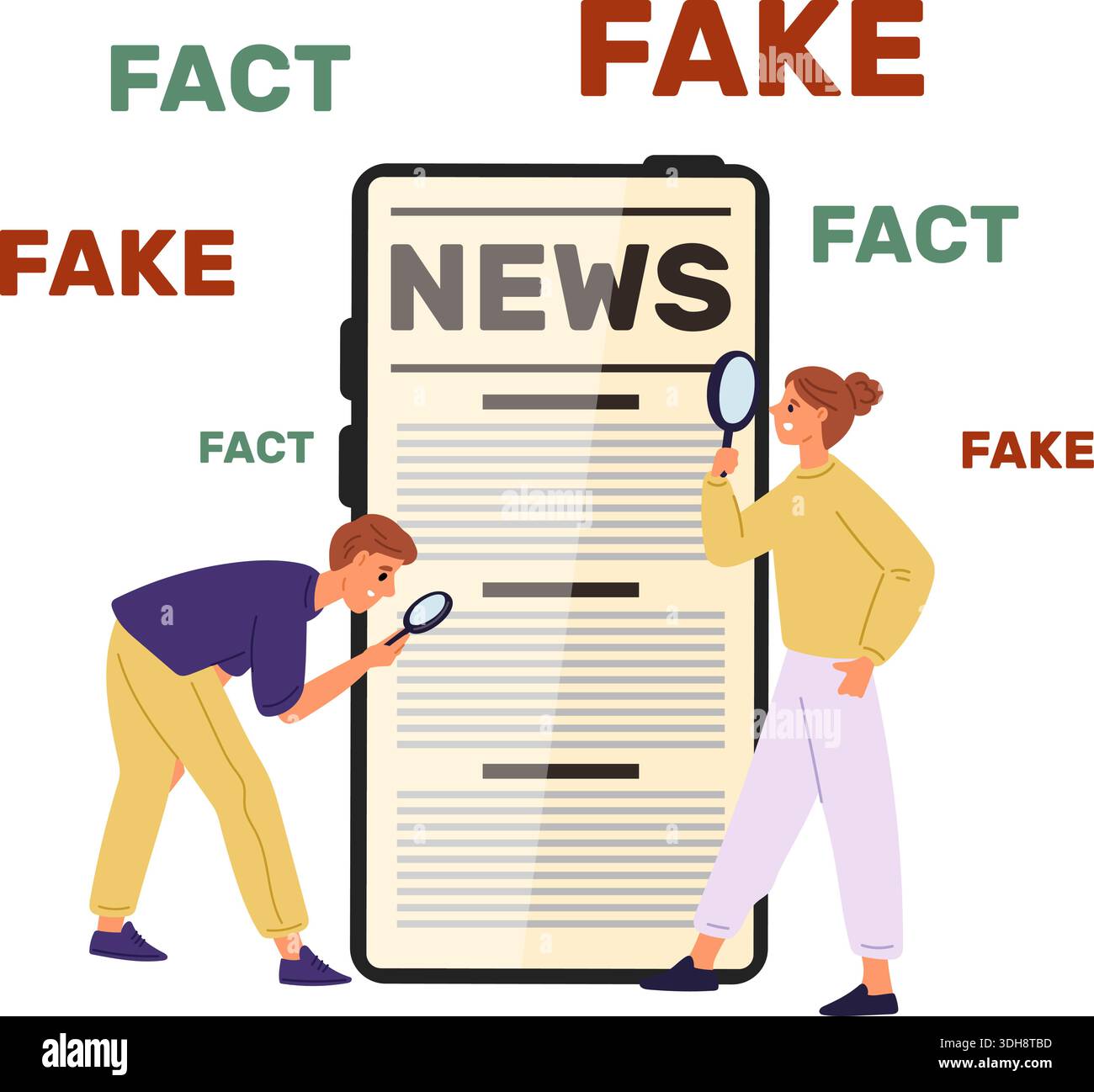 Mann und Frau studieren Nachrichten auf dem Smartphone-Bildschirm mit einer Lupe. Leute, die überprüfen, ob Informationen gefälscht oder faktisch sind. Desinformation über soziale Medien Stock Vektor