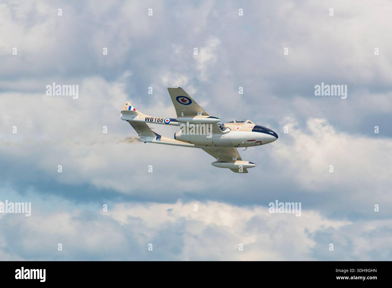 De Havilland Vampire T.55 (WB188) in Wüstentarnlackierung mit Rauchspur während der Flugschau. Ex-Royal Air Force JET-Trainer. Stockfoto