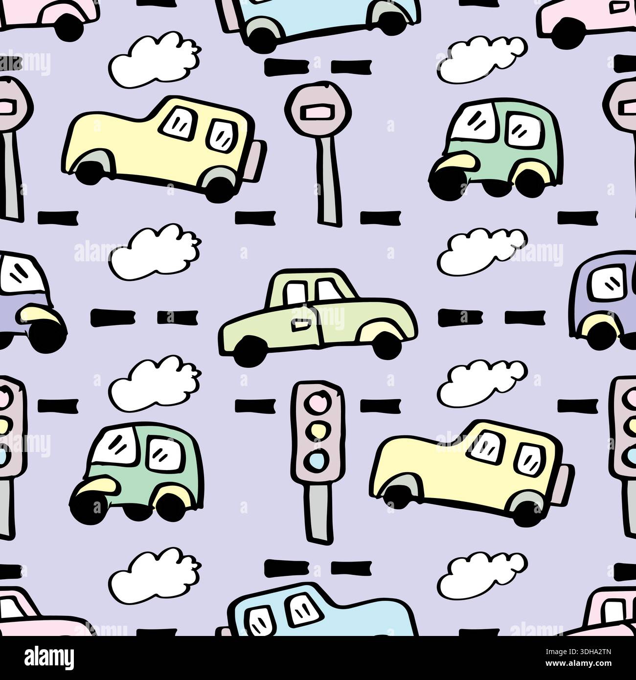 Nahtloses Muster mit handgezeichneten Autos und Ampeln. Vektorabbildung. Stock Vektor