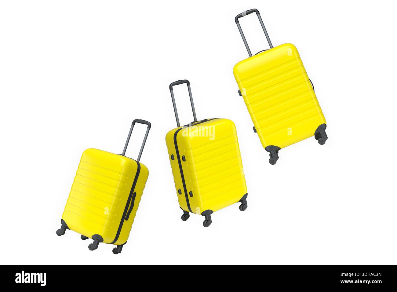 Set aus farbigen Kunststoffkoffern mit Griffen und Rädern, die diagonal auf weißem Hintergrund liegen. Reise- und Urlaubskonzept Stockfoto
