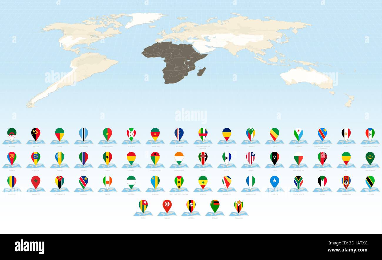 Karten der Welt mit afrikanischen Land-Pin-Flaggen. Große Karte & Flag Kollektion. Stock Vektor