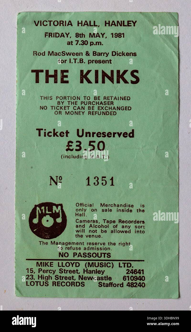 Klassische 1980er Jahre Konzertkarte für die Popband THE KINKS im Victoria Hall Hanley am Freitag, den 8. Mai 1981 Stockfoto