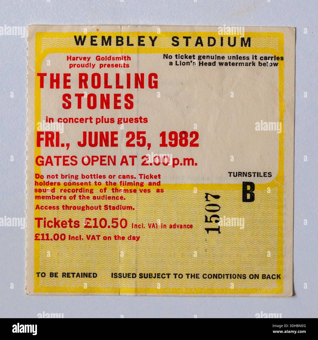 Konzertkarte für die Rockband THE ROLLING STONES im Wembley Stadium in London am Freitag, den 25. Juni 1982 1980 Stockfoto